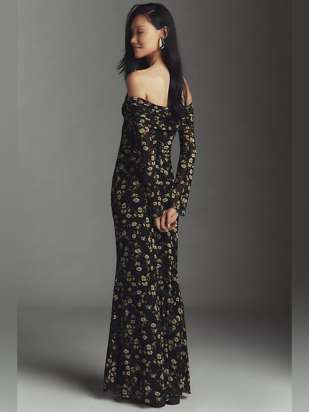 AFRM Long-Sleeve Off-The-Shoulder Mesh Maxi Dress NWT